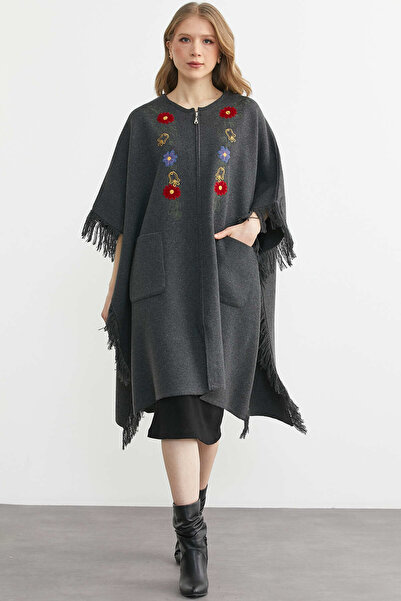 Sementa Poncho din lână cu broderie florală - Gri închis
