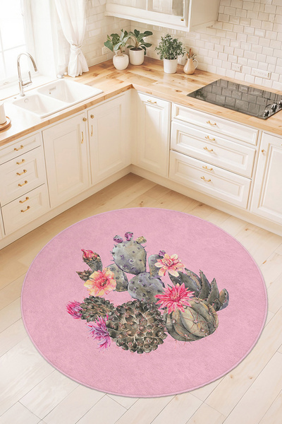 Home Renkli Kaktüs Desenli Canlı Görünümlü Yuvarlak Mutfak Halısı