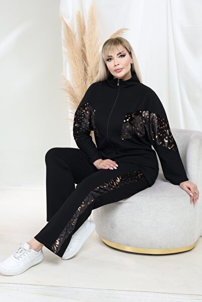 xlargebutik Plus Size Zippered Lycra Comfortable Cut Two-Piece Suit Combinati...