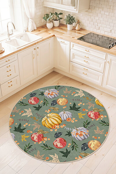 Home Renkli Kabak ve Elma Desenli Yıkanabilir Kaymaz Taban Mutfak Halısı