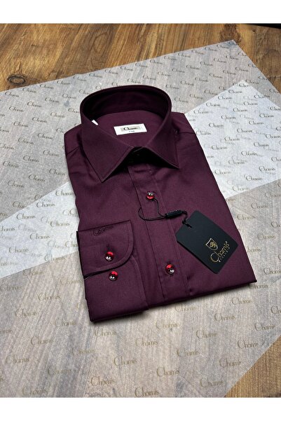 Chamis Regularfit Burgundy Cotton Satin Classic Collar Shirt