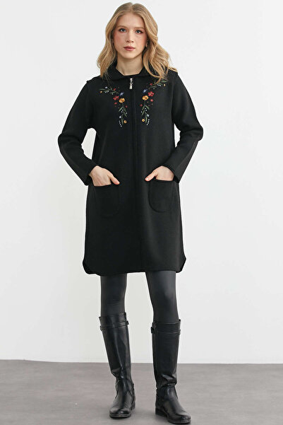 Sementa Embroidered Patterned Hooded Women's Knitwear Jacket - Black