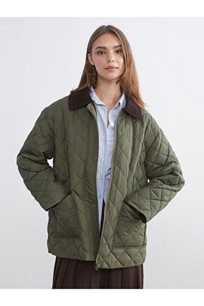 LC Waikiki Khaki Velvet Shirt Collar Oversize Women's Puffer Coat