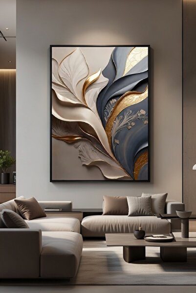 hollywest Lüks Bej & Lacivert Yaprak Duvar Sanatı | Modern Çerçeveli Tablo