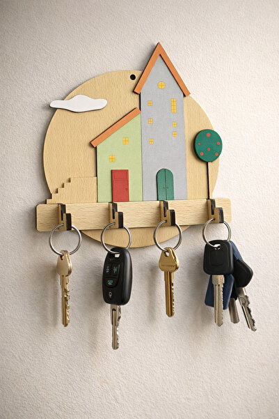 Creatick Design Pastel Tonlarda Bohem Ahşap Ev Tasarımlı Minimal Duvar Anahta...