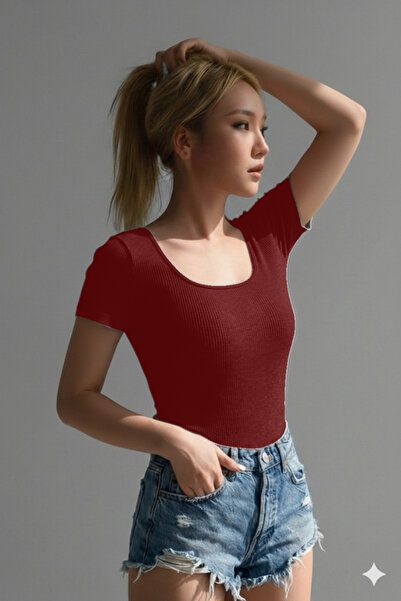 RİEMA Women's Basic Short Sleeve Lycra Ribbed Premium U, Square Neck Slim Fit...