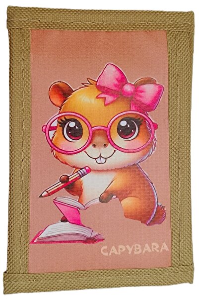 ATA TANITIM Sports Fabric Wallet, Very Stylish Beige with Capybara Illustration