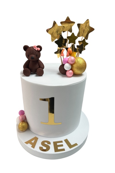 OGELAPARTY 1 Yaş Doğum Günü Maket Pasta – İsimli Ayıcıklı Gold Detaylı Köpük ...