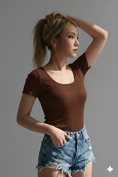 RİEMA Women's Basic Short Sleeve Lycra Ribbed Premium U, Square Neck Slim Fit...