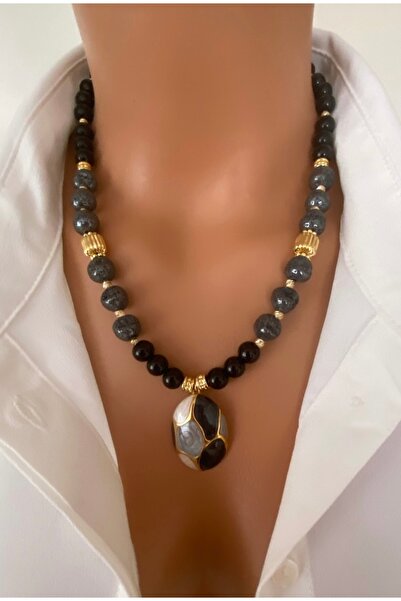 TARZ-I TAKI Natural Stone Black Onyx & 10 mm Gray Lava Stone Special Design E...