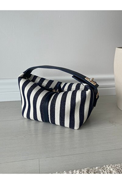 nura Γυναικεία τσάντα χειρός και ώμου από λινό ύφασμα σε μπλε ναυτικό χρώμα μ...