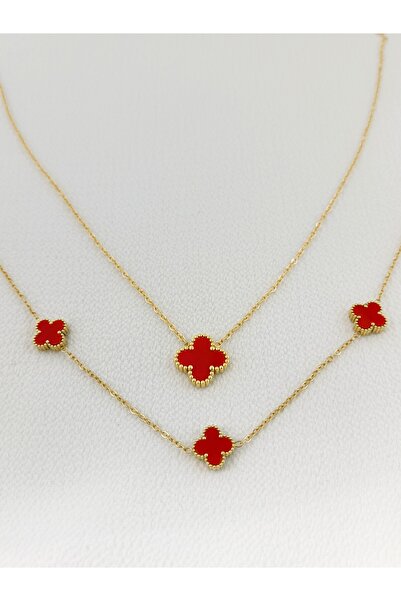 POKAK 2-Piece Clover Model Combination Red Steel Necklace