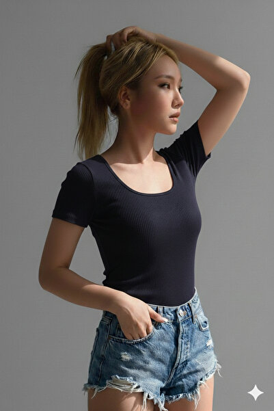 RİEMA Women's Basic Short Sleeve Lycra Ribbed Premium U, Square Neck Slim Fit...