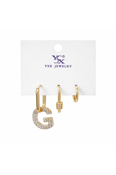 Bittox Kadınlara Özel Harfli Taşlı Gold Halka Küpe Kombin Seti-Çoklu Delik Uy...