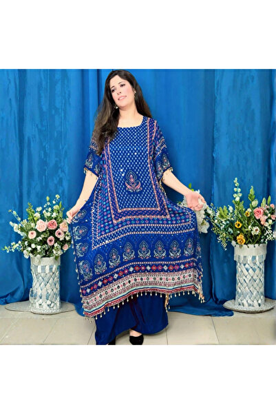 MYSMAR Dark Blue Chinon Silk Kuftan - ALN1006 | Dark Blue
