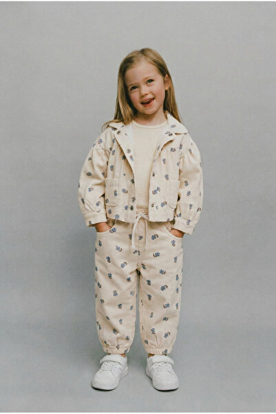 Magu Girl's Cotton Beige Patterned Jacket, T-Shirt and Pants Set