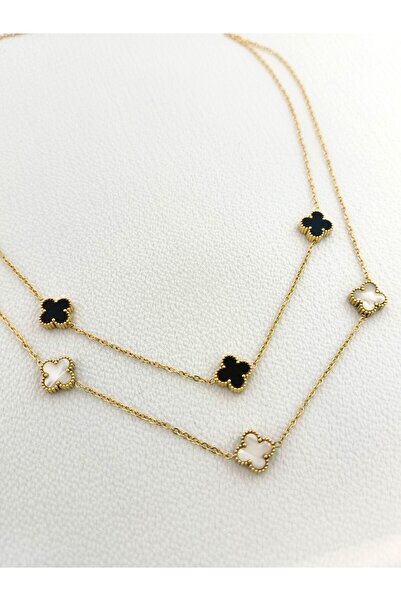 POKAK 2-Piece Clover Model Combination Black and White Steel Necklace