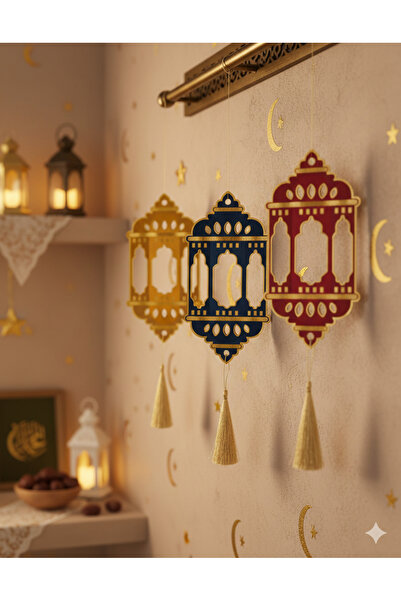 DODOMAR Ramazan Varaklı Püsküllü Kandil Feneri 3 adet - Dekoratif Ramazan Süsü