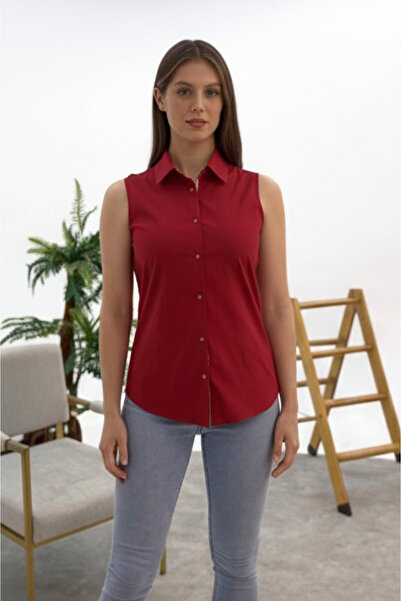 FARQIN K. Red Albina Elastane Satin Fabric Detailed Zero Sleeve Slim Fit Wome...