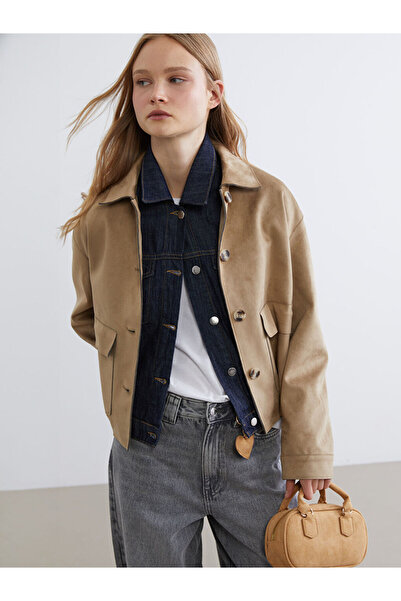 LC Waikiki Μπεζ πουκάμισο με γιακά Γυναικείο σουέτ μπουφάν