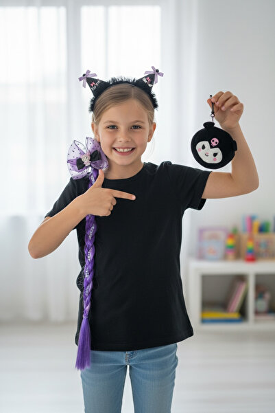 BUCHE Kuromi 3’lü Hediye Seti Örgü Saç Cüzdan Taç