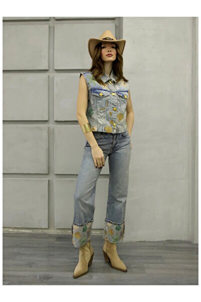 Coral Paçası Katlı Nakışlı Kot Pantolon 4580 Mavi