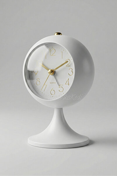 KaktüsKedi Dekoratif Modern Ayaklı Metal Masa Saati - Retro Tasarım Küre Çala...