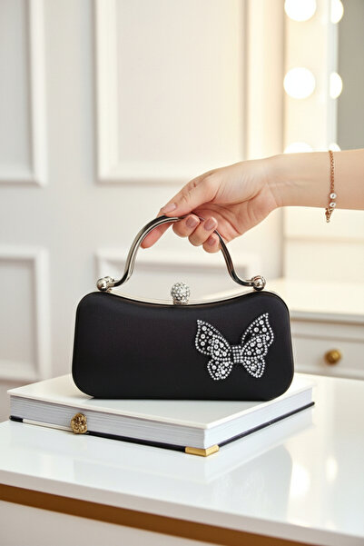 Famels Τσάντα βραδινού φορέματος με φιόγκο από πέτρες πεταλούδας, μαύρη σατέν...
