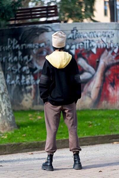 Nani Collection Nani | Siyah Rengi, Renkli Çizgili Kumaş Oversize Unisex Sweatshirt(