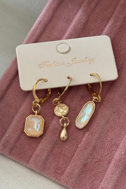 Trendy Butik Elegant Triple Set Earrings with Square Stones