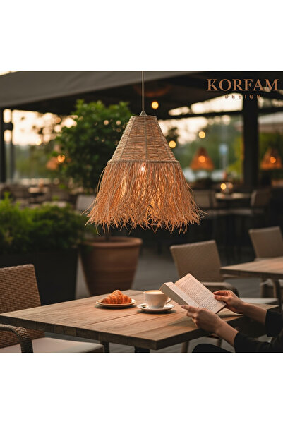 KorFam Krem Hasır El Yapımı Doğal Rafya Saçaklı Bohem Avize