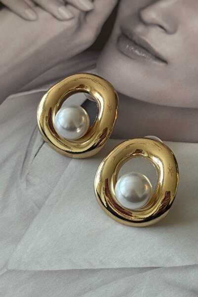 Trendy Butik Steel Pearl Detailed Oval Earrings