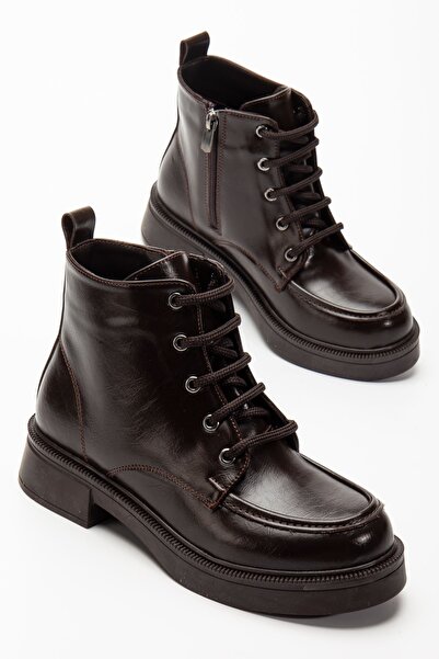 Zerenyus Exi̇n-02-2001 Premium Brown Wrinkled Patent Leather Lace-Up Zippered...