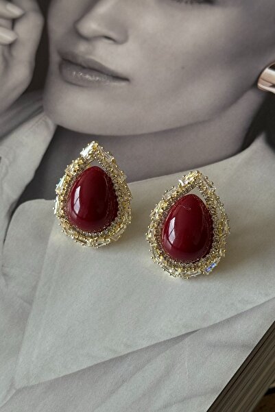 Trendy Butik Full Zircon Stone Burgundy Drop Earrings