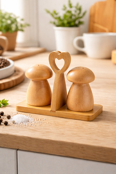 Alvin Bambu Mantar Tasarımlı Tuzluk & Biberlik Seti – Kalpli Tutacaklı, Şık M...