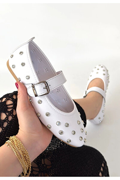 ALFA AKSESUAR 03 Pantofi balerină cu curea din piele albă Rtta