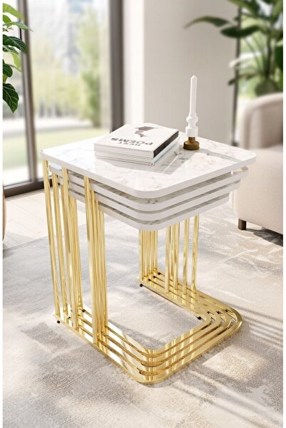 Teknor Orkide Tekerlekli 4 Lü Zigon Sehpa Gold- Beyaz Mermer Mdf