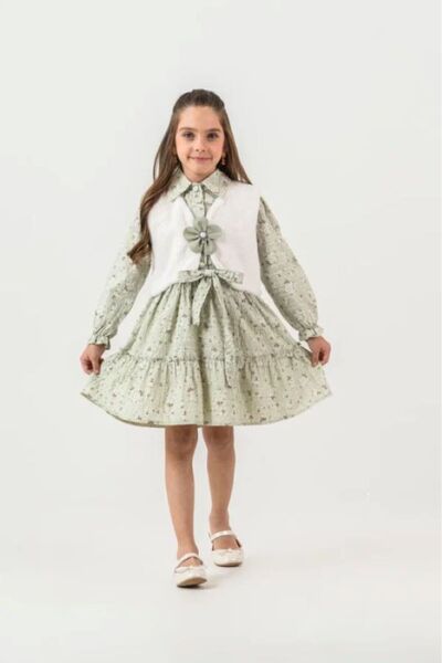 GülMiniks Kız Çocuk Peluş Yelekli Kemerli Çiçek Desenli Fırfırlı Elbise