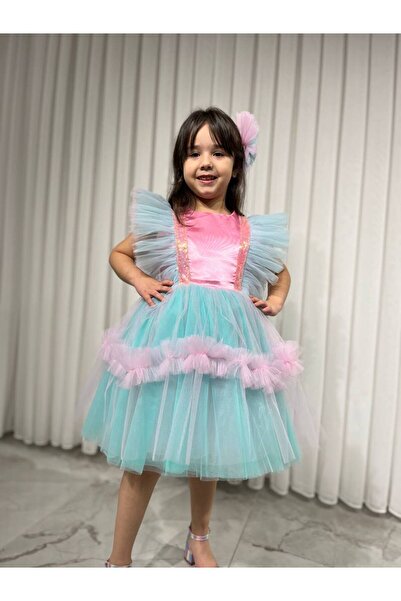 sarena Girl's Tutu Detailed Blue Pink Fluffy Party Princess Dress + Buckle