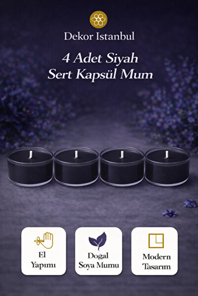 4 Adet Siyah Sert Kapsül Mum | El Yapımı Doğal Soya Mumu Modern Lüks Dekoratif Set