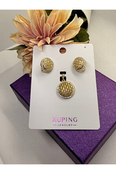 XUPING JEWELRY KUYUMCU SERİ 14K RENGİ ZİRKON TAŞLI KOLYE UCU KÜPE SETİ