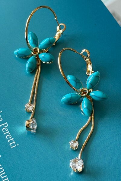 Trendy Butik أقراط زهرة متدلية من حجر الفيروز الفولاذي والزركون