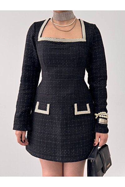 Julidress Square Neck Pearl Detailed Mini Premium Design Tweed Dress