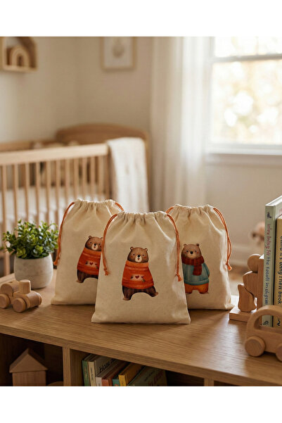 Dört Beceri Dükkân 3'lü Set Ayıcık Baskılı Ham Bez Kese 20x30 cm - %100 Pamuk...