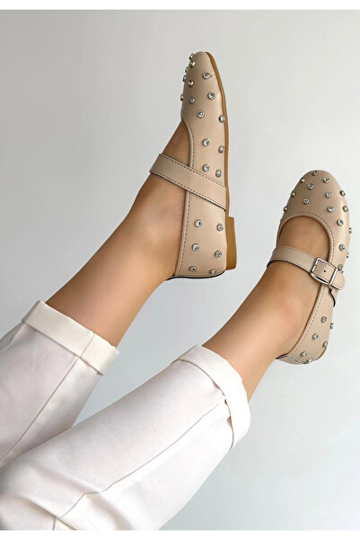 ALFA AKSESUAR 03 Pantofi balerină cu curea din piele bej Rtta