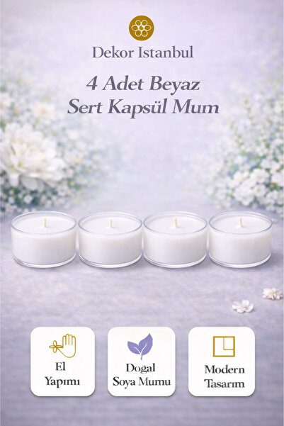 Dekor İstanbul 4 Adet Beyaz Sert Kapsül Mum | El Yapımı Doğal Soya Mumu Moder...