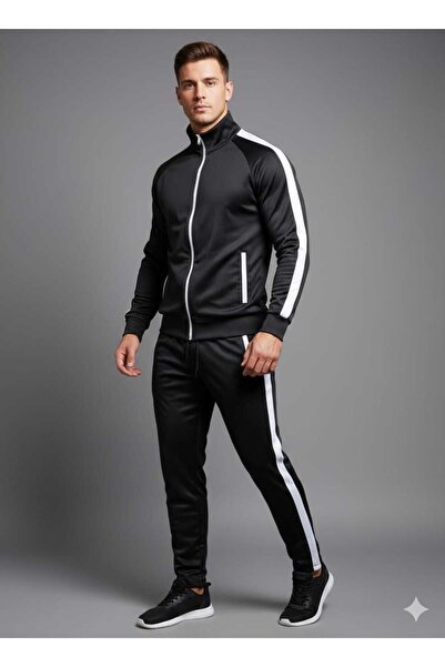 WEAR CO STILL Erkek Siyah Beyaz Şeritli Fermuarlı Slim Fit Eşofman Takımı - S...