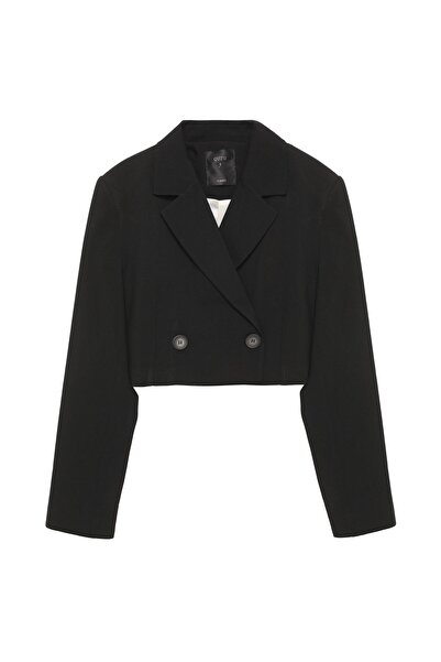 Quzu Wadded Detailed Crop Blazer Jacket Black