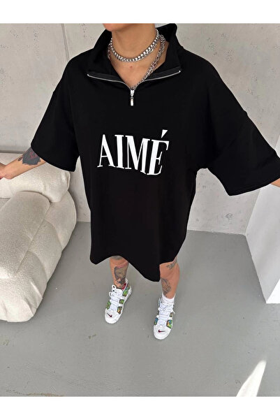 KAZAK Women's Half Zipper Printed T-Shirt - Black