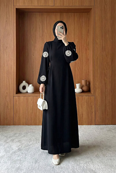 MODAQU Embroidered Sleeve Tulle Long Dress - Black